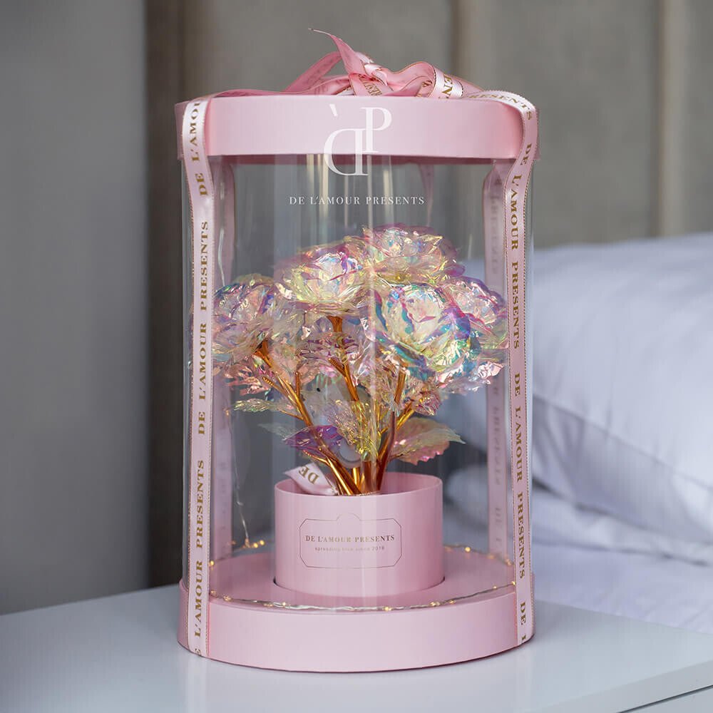 Lamour flower box rosa con luci led (11 rose) - Scatola in