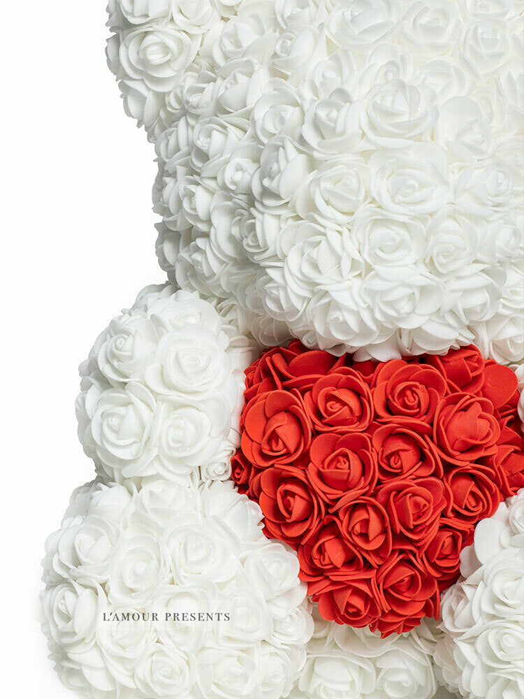 Orsetto Di Rose bianco con cuore 40 cm - Orsetto di rose