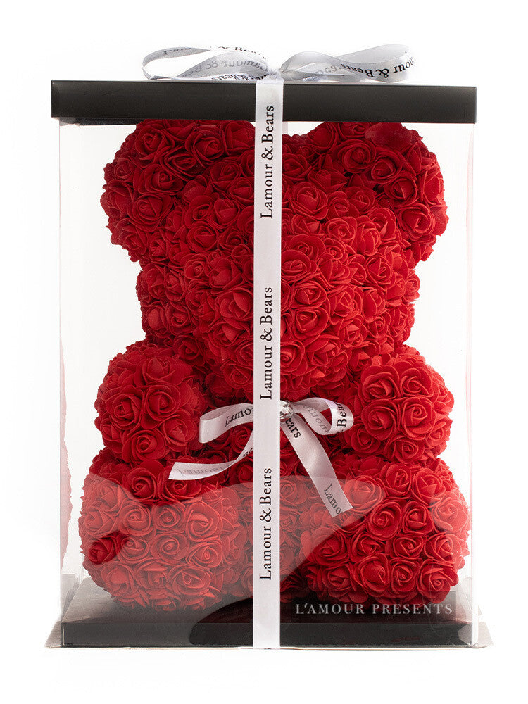 Orsetto di rose rosso 40 cm - 25 cm / Scatola trasparente +